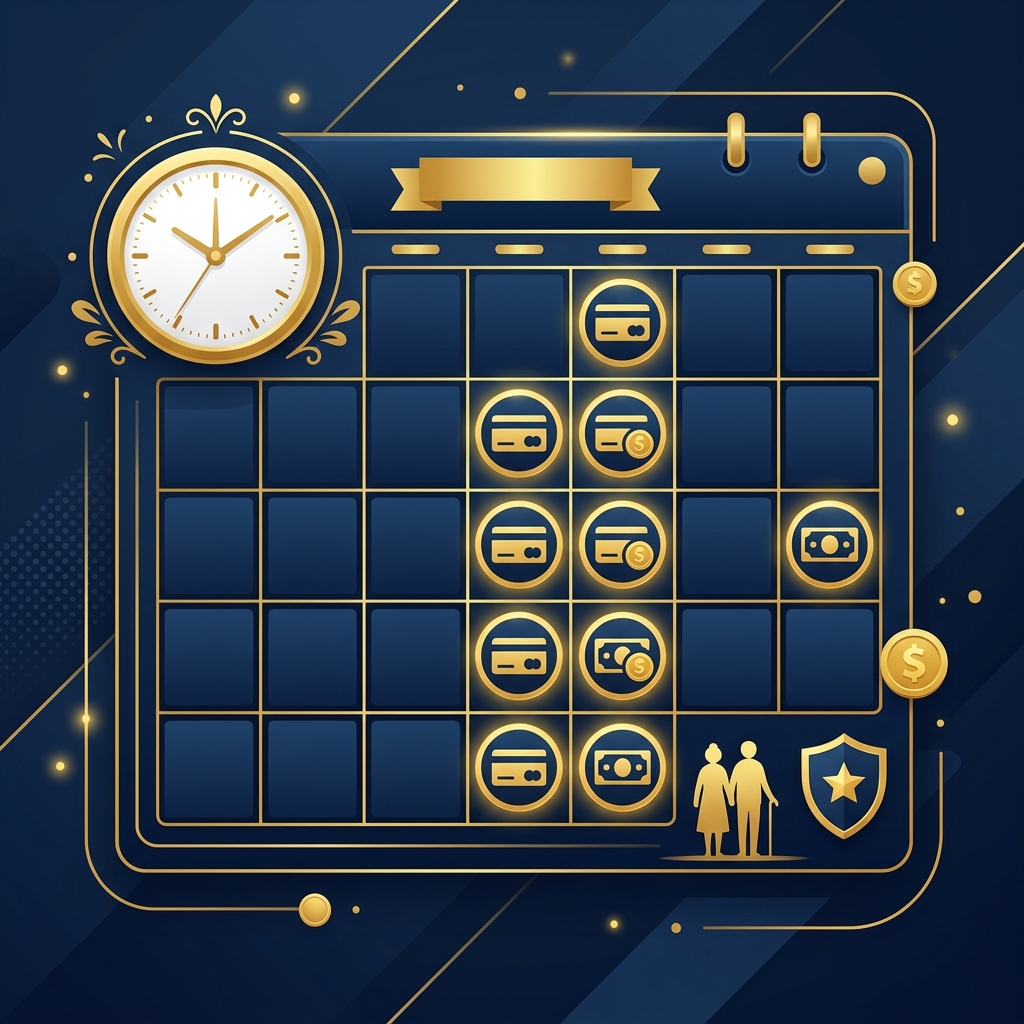 Ilustración profesional de un calendario de pagos con símbolos financieros y reloj, en tonos azul y dorado.