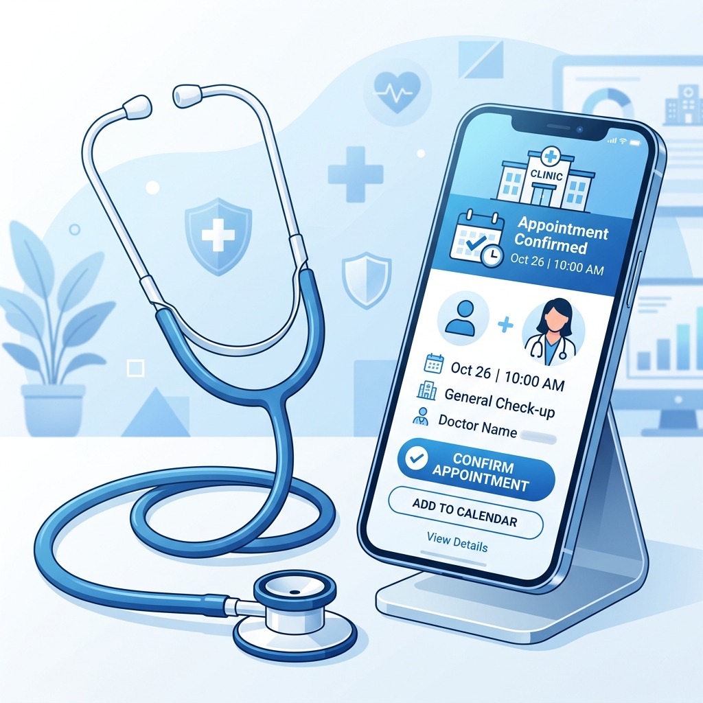 Ilustración de un estetoscopio médico junto a un smartphone con una notificación de cita, simbolizando la telemedicina y gestión digital de salud.