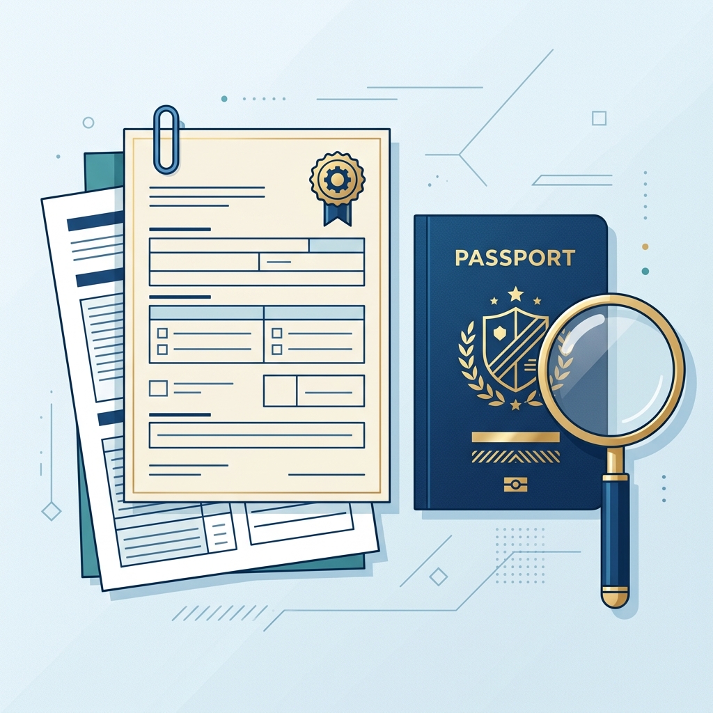 Ilustración minimalista de documentos oficiales y una lupa, representando el proceso de verificación de requisitos administrativos.